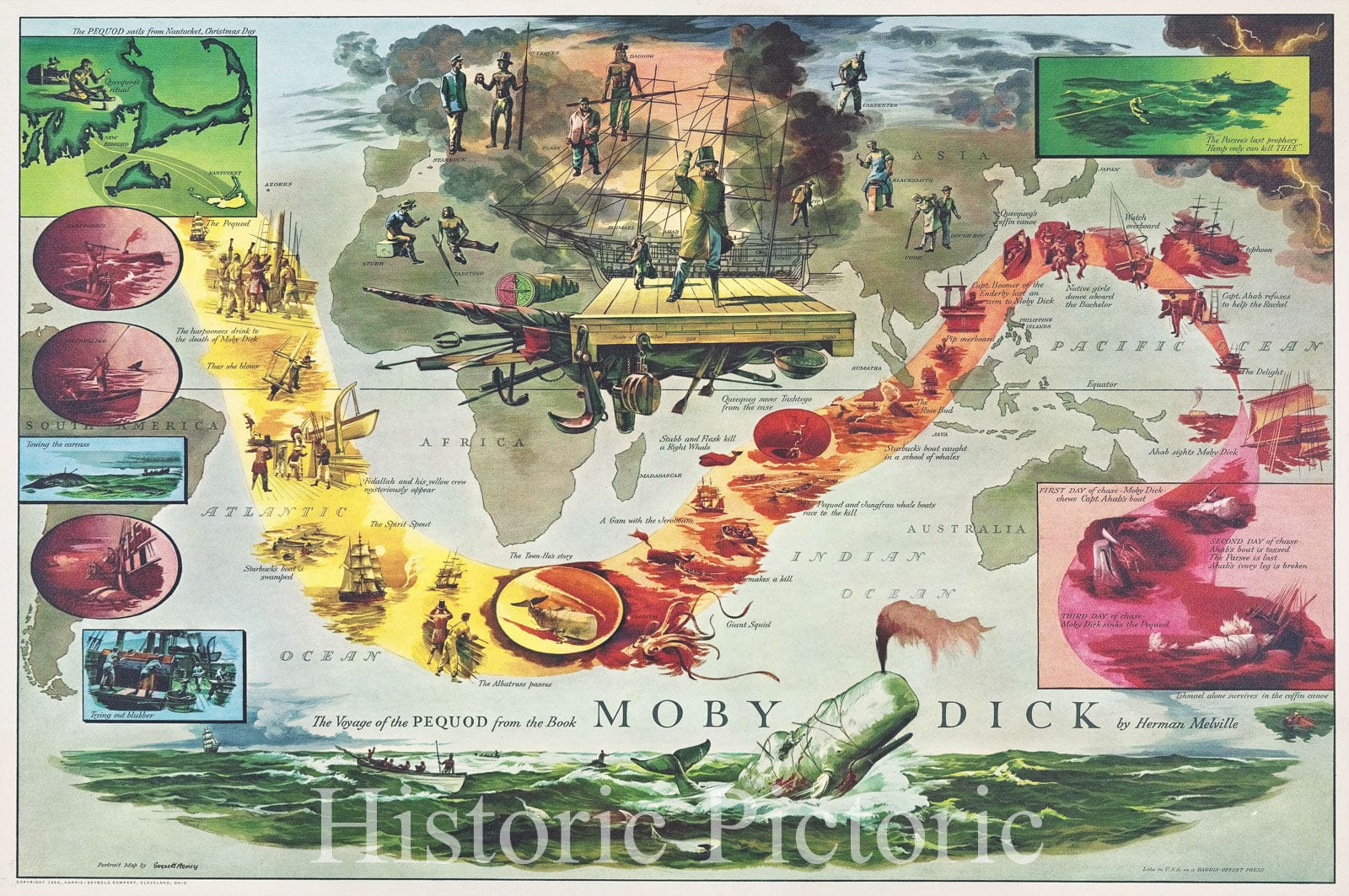 Historic Map : The Voyage of the Pequod from the Book Moby Dick by Herman Melville, 1956 , Vintage Wall Art