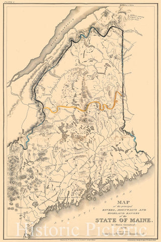 Historic Map : Map of the principal rivers, mountains and highland ranges of the state of Maine. by Moses Greenleaf. 1828, 1828 , Vintage Wall Art