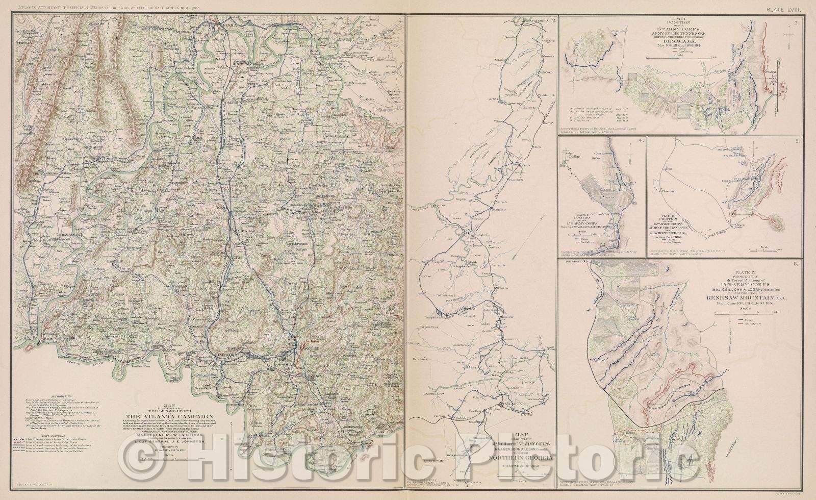 Historic Map : Map illustrating the second epoch of The Atlanta Campaign embracing the region from Resaca to the Etowah River, 1864 , Vintage Wall Art