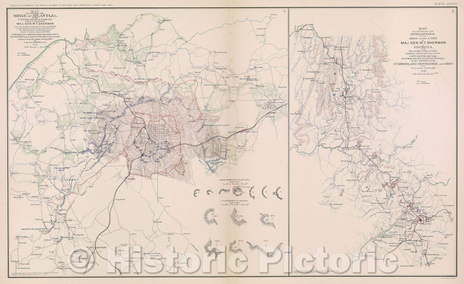 Historic Map : Map illustrating the siege of Atlanta, GA. by the United States Forces under command of Maj. Gen. W. T. Sherman from the passage of Peach Tree Creek, 1865 , Vintage Wall Art
