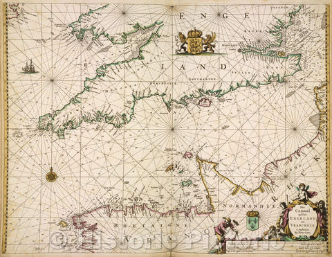 Historic Map : Het canaal tusschen Engeland en Vrancriick. t' Amsterdam, Bij Pieter Goos., 1666 , Vintage Wall Art