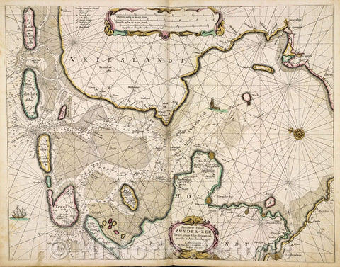 Historic Map : Pascaarte vande Zuyder-Zee Texel, ende 't Vlie-stroom, als mede 't Amelander-gat. t' Amsterdam..., 1666 , Vintage Wall Art