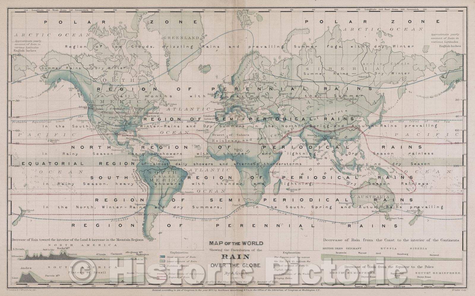 Historic Map : Map of the World Showing the Distribution of the Rain Over the Globe by A. Guyot, 1872 , Vintage Wall Art