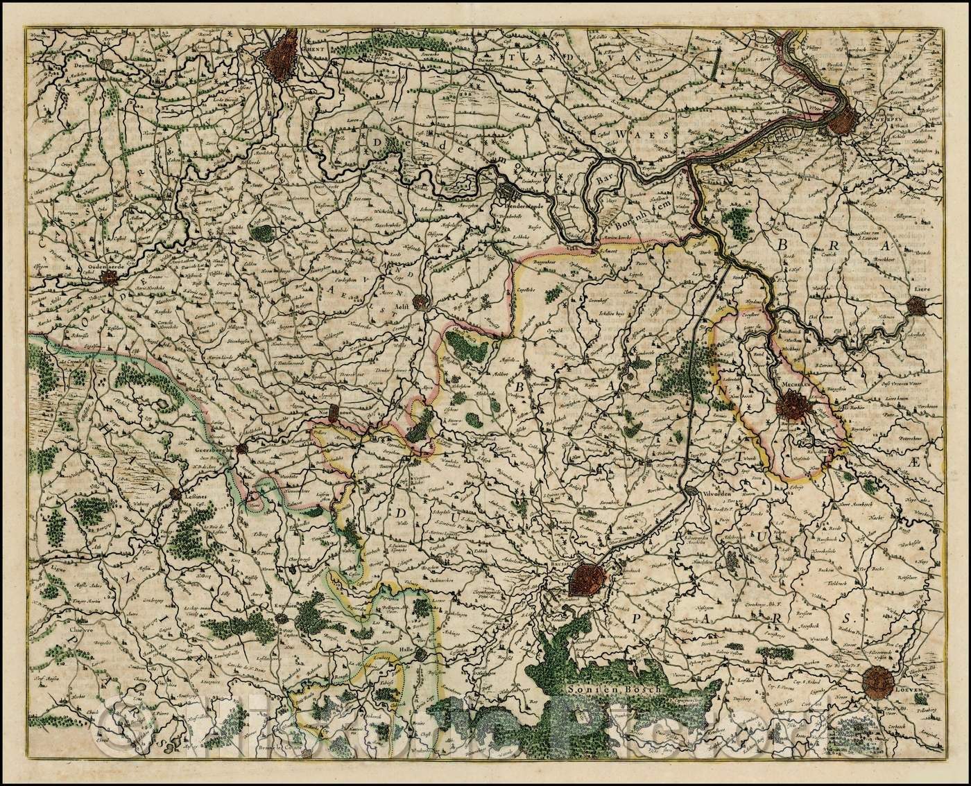 Historic Map - Region showing Ghent, Antwerp, Liere, Mechelen, Loeven, Brussels, Oudemaerde, 1640, Willem Janszoon Blaeu - Vintage Wall Art