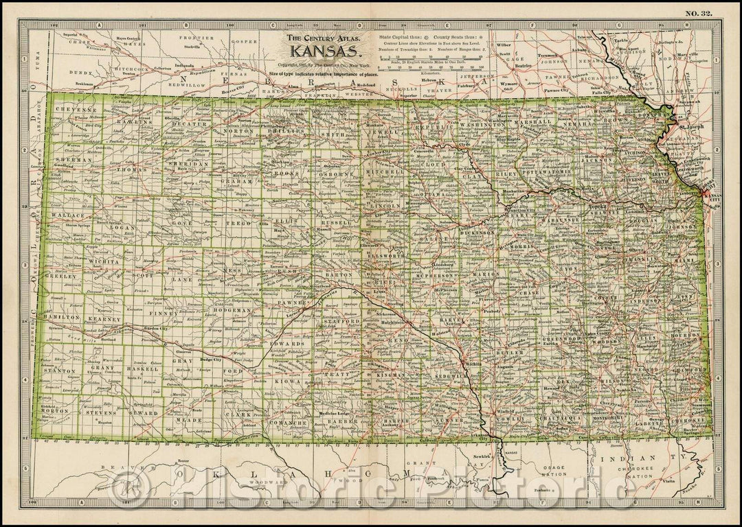 Historic Map - Kansas, 1897, The Century Company - Vintage Wall Art