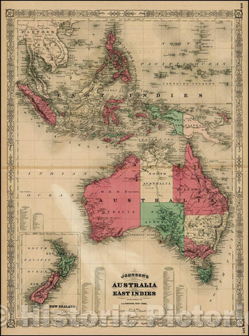 Historic Map - Johnson's Australia and East Indies [New Zealand inset], 1867, Alvin Jewett Johnson - Vintage Wall Art