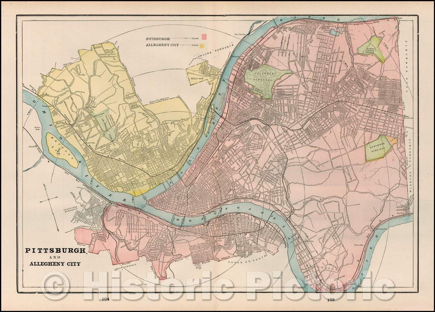 Historic Map - Pittsburgh and Allegheny City, 1897, George F. Cram - Vintage Wall Art