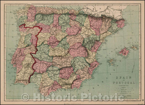 Historic Map - Spain and Portugal (with Balearic Islands), 1873, J. David Williams - Vintage Wall Art