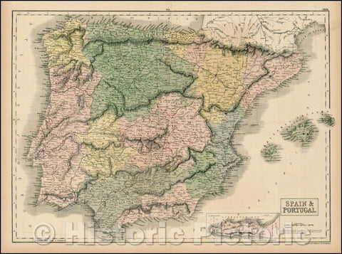 Historic Map - Spain & Portugal(with Balearic Islands), 1854, Adam & Charles Black - Vintage Wall Art