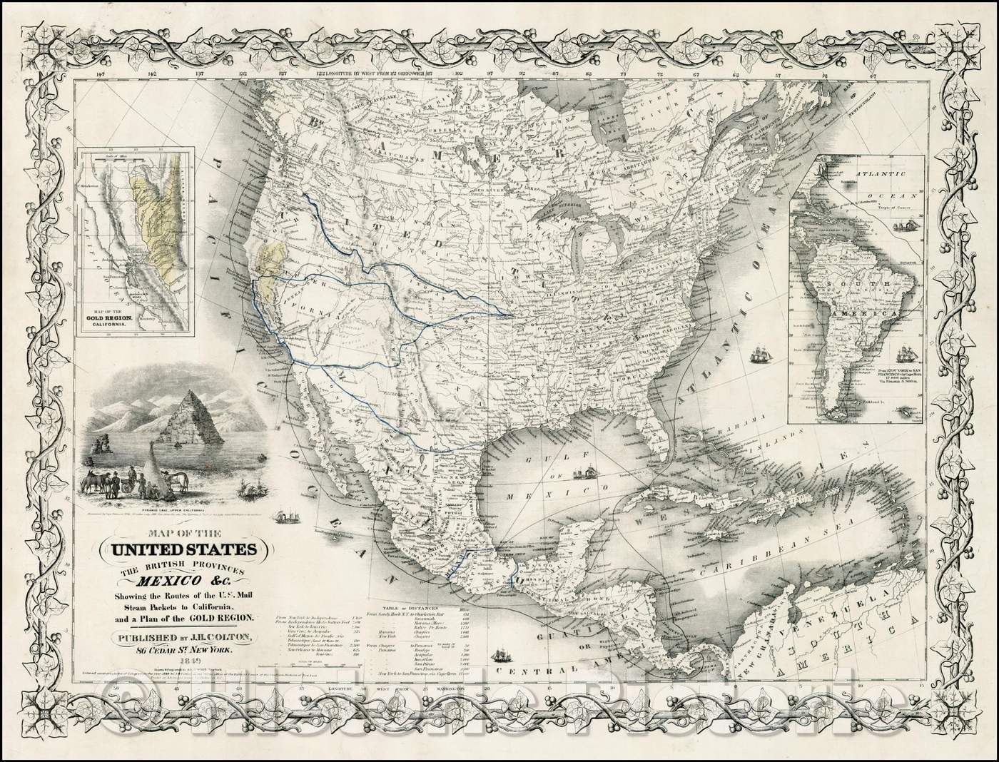 Historic Map - Map of the United States, The British Provinces, Mexico Showing the Routes of the U.S. Mail Steam Packets to California, 1849 - Vintage Wall Art