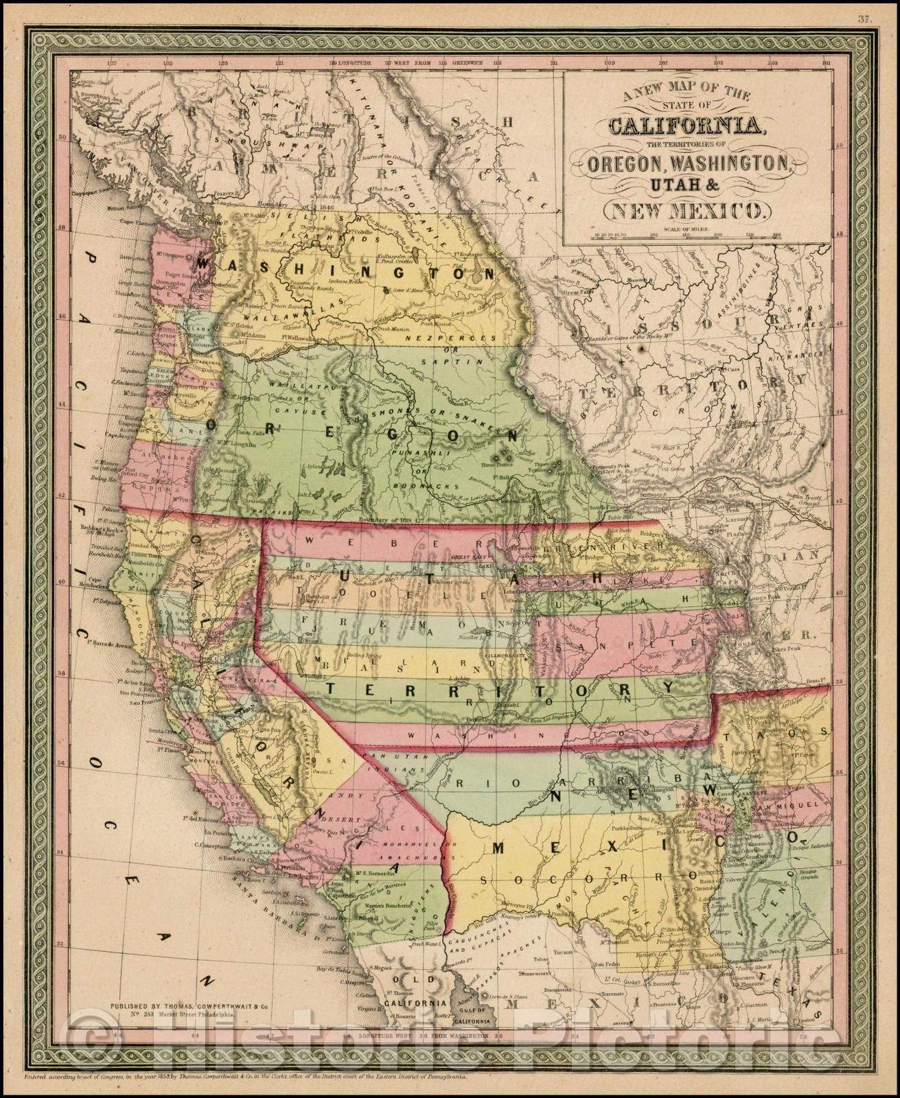Historic Map - The State Of California, The Territories Of Oregon, Washington, Utah & New Mexico, 1853, Thomas, Cowperthwait & Co. v1