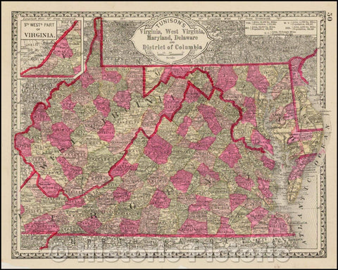 Historic Map - Tunison's Virginia, West Virginia, Maryland, Delaware and District of Columbia, 1883, H.C. Tunison - Vintage Wall Art