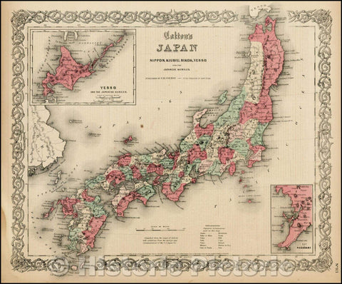Historic Map - Japan Nippon, Kiusiu, Sikok,Yesso and the Japanese Kuriles, 1855, Joseph Hutchins Colton - Vintage Wall Art