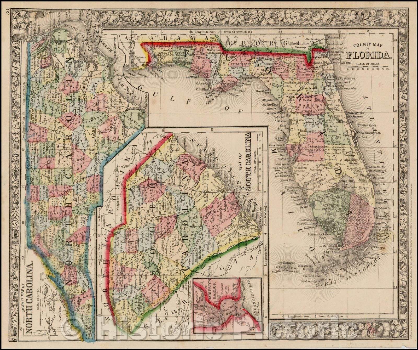 Historic Map - County Map of Florida [with Maps of North & South Carol ...