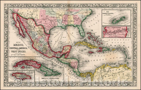 Historic Map - Map of Mexico, Central America, and the West Indies [Insets of Bermuda, Cuba, Jamaica and Panama Railroad], 1852, Samuel Augustus Mitchell Jr. v1