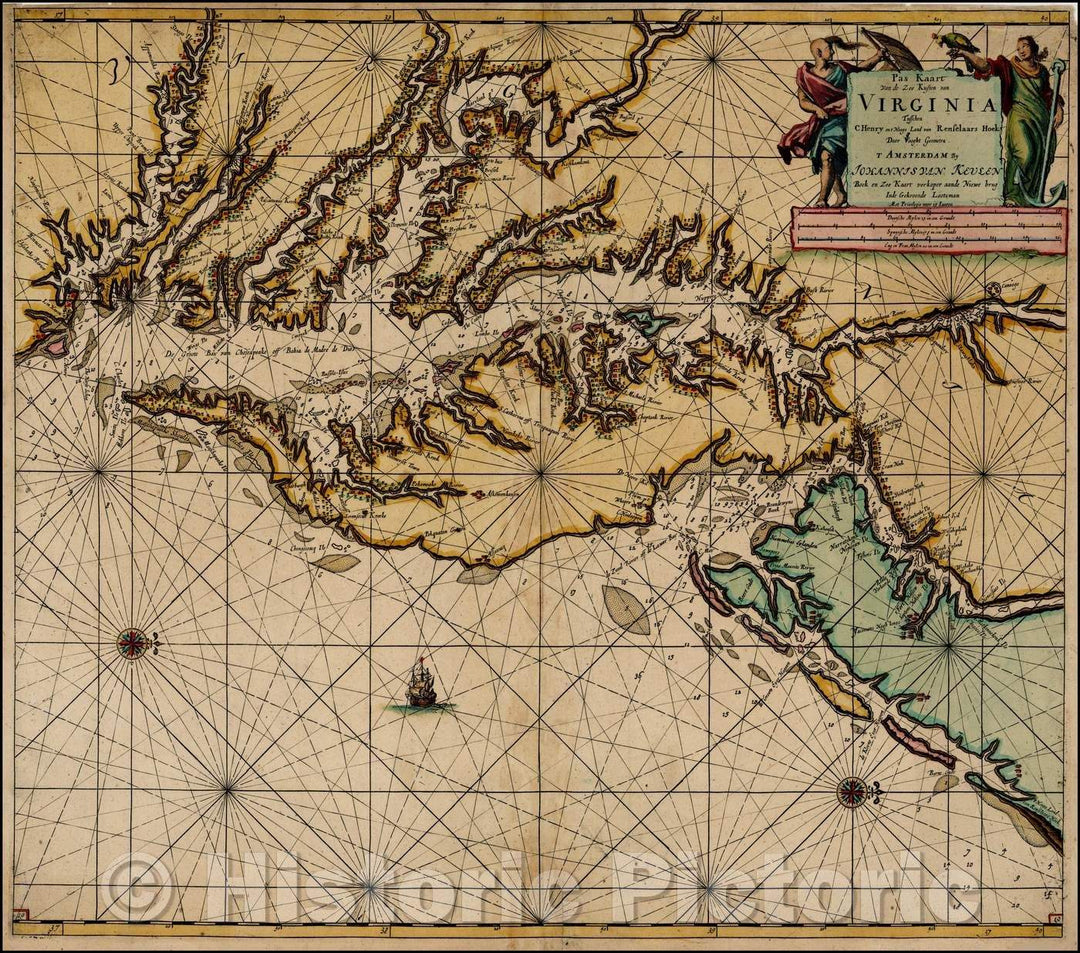 Historic Map - Pas Kaart van de Zee Kusten van Virginia Tusschen :: Customize Card Ocean Shores Virginia, 1684 - Vintage Wall Art