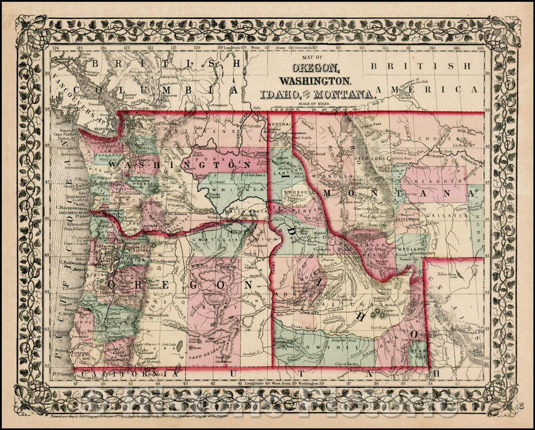 Historic Map - Map of Oregon, Washington, Idaho and part of Montana, 1866, Samuel Augustus Mitchell Jr. - Vintage Wall Art