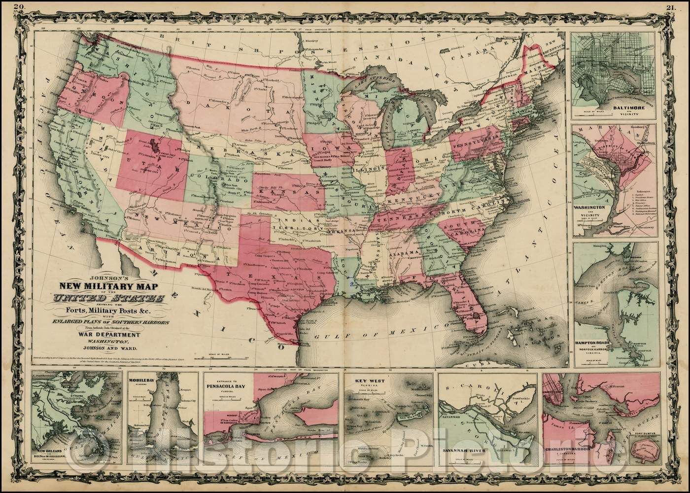 Historic Map - Johnson's New Military of the United States Forts, Military Posts & all the Military Divisons with Enlarged Plans of the Southern Harbors, 1862 - Vintage Wall Art