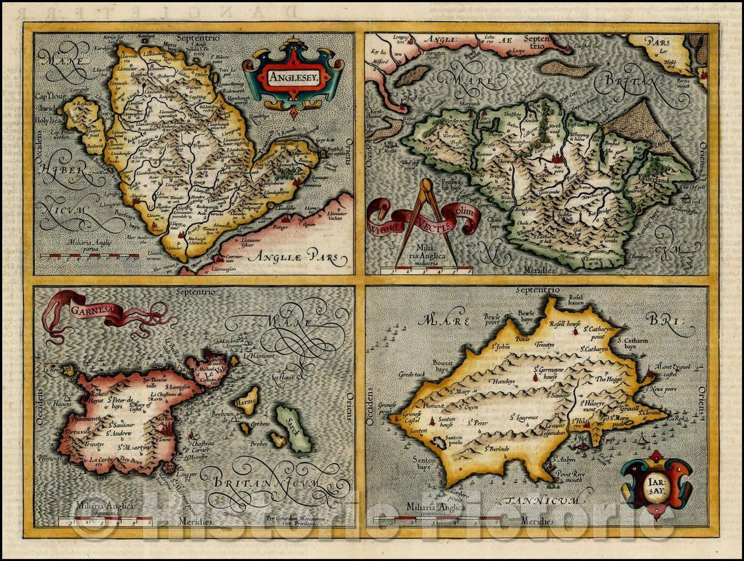 Historic Map - Anglesey [with] Wight Vectis olim [with] Garnesay [with] Iarsay, 1636, Henricus Hondius - Vintage Wall Art