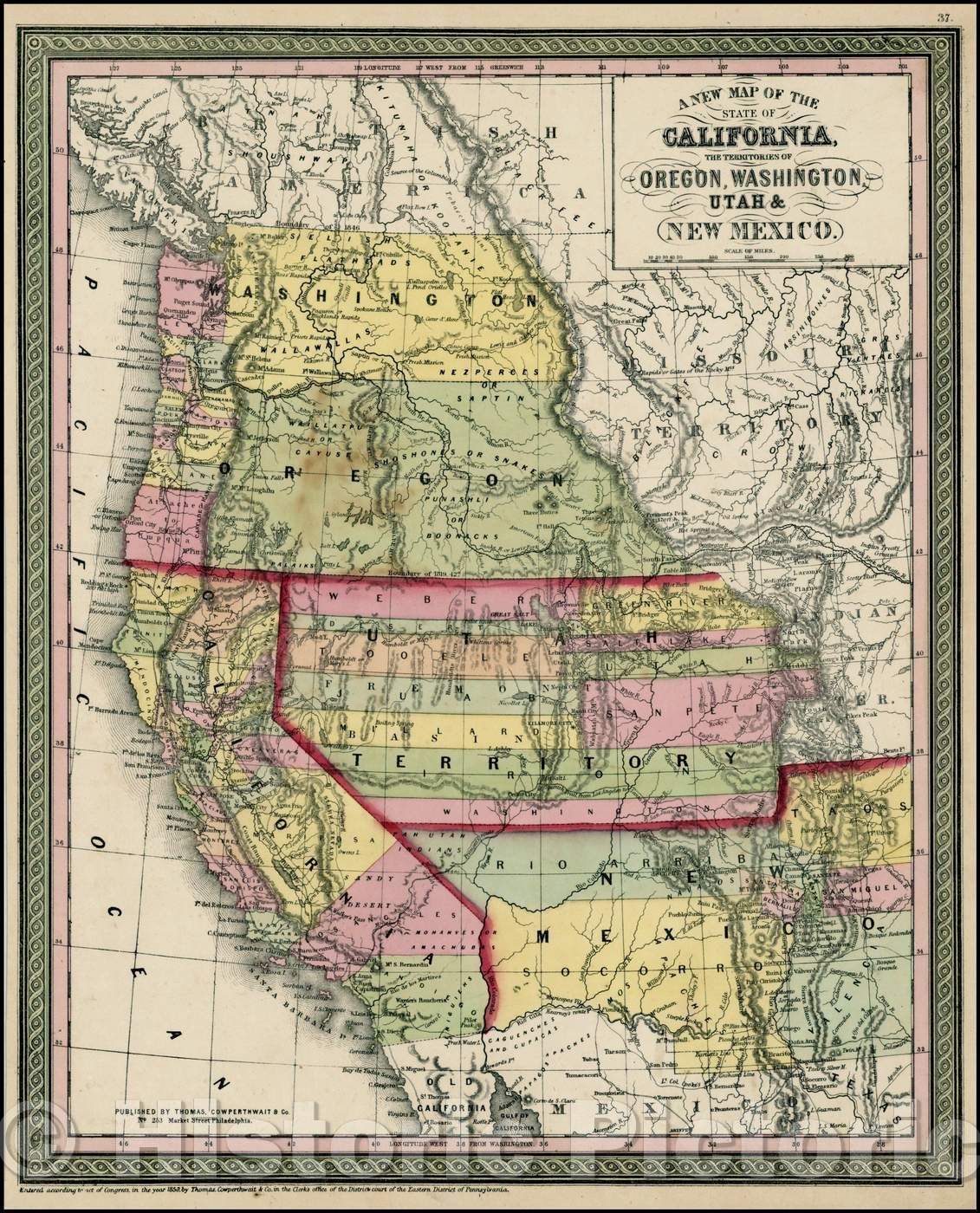 Historic Map - The State Of California, The Territories Of Oregon, Washington, Utah & New Mexico, 1852, Thomas, Cowperthwait & Co. v1
