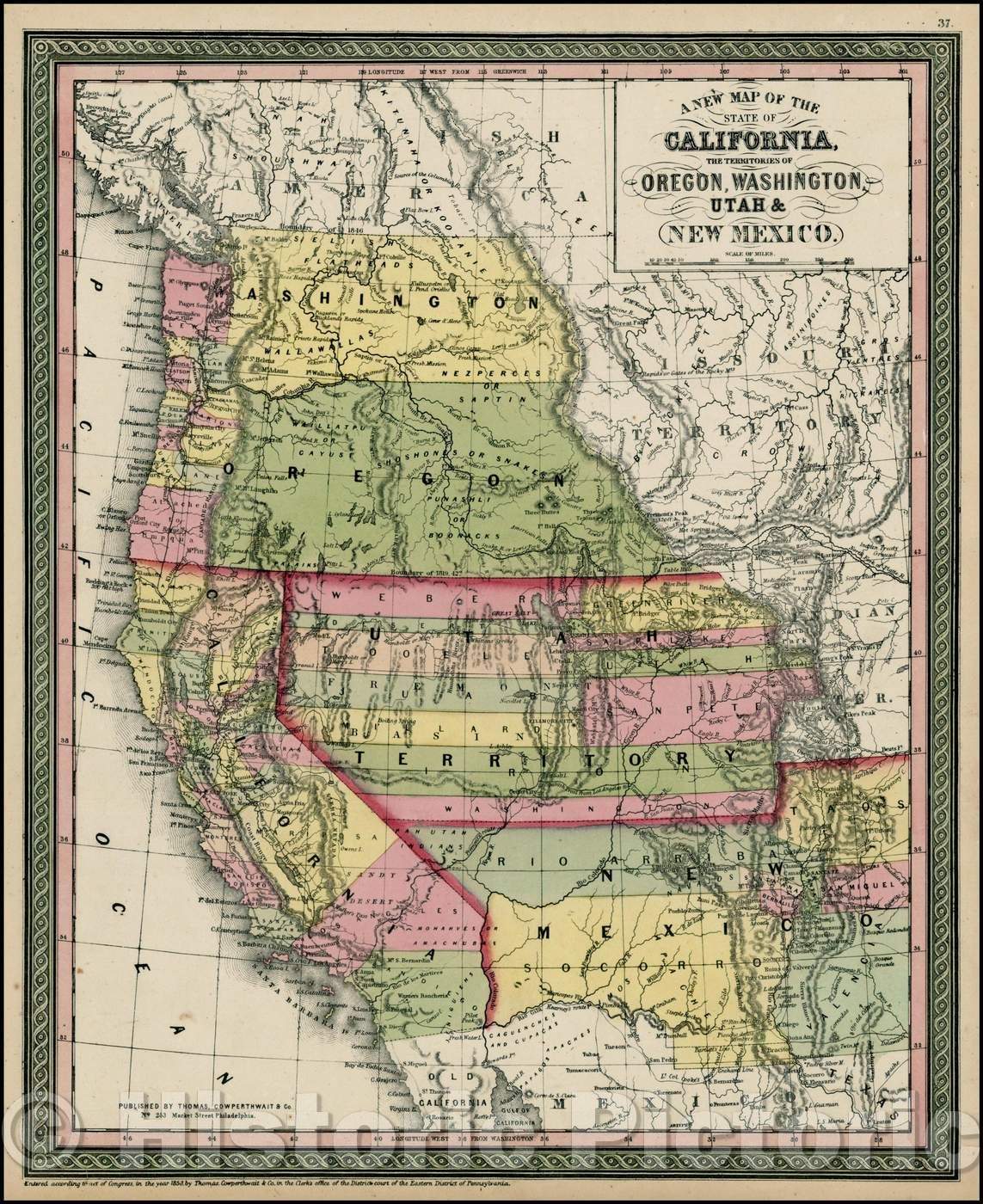 Historic Map - The State Of California, The Territories Of Oregon, Washington, Utah & New Mexico, 1852, Thomas, Cowperthwait & Co. v2