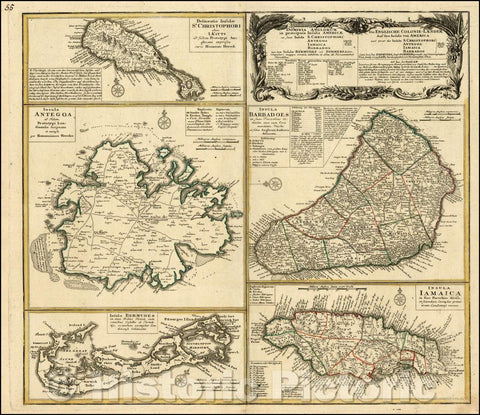 Historic Map - Dominia Anglorum in praecipuis Insulis Americae ut sunt Insula S. Christop :: St. Kitts, Antigua, Bermuda, Barbados, and Jamaica, 1745 - Vintage Wall Art