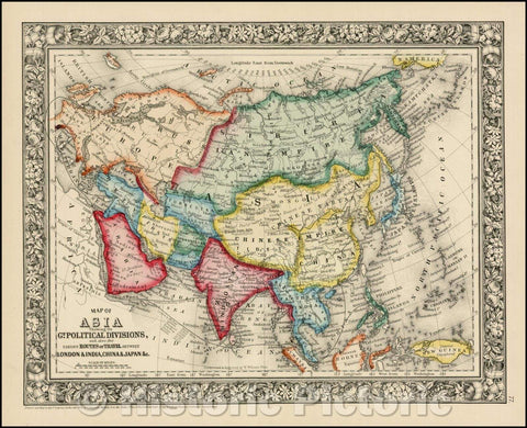 Historic Map - Map of Asia Showing its Gt. Political Divisions and.Routes of Trade between London & India, China, Japan, 1862, Samuel Augustus Mitchell Jr. - Vintage Wall Art