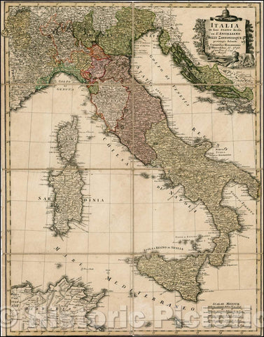 Historic Map - Italia in suos Status divisa ex d'Anvillano/Map of Italy, Sicily, Corsica, Sardinia, Malta, Gulf of Venice, Balkans, 1790, Homann Heirs - Vintage Wall Art