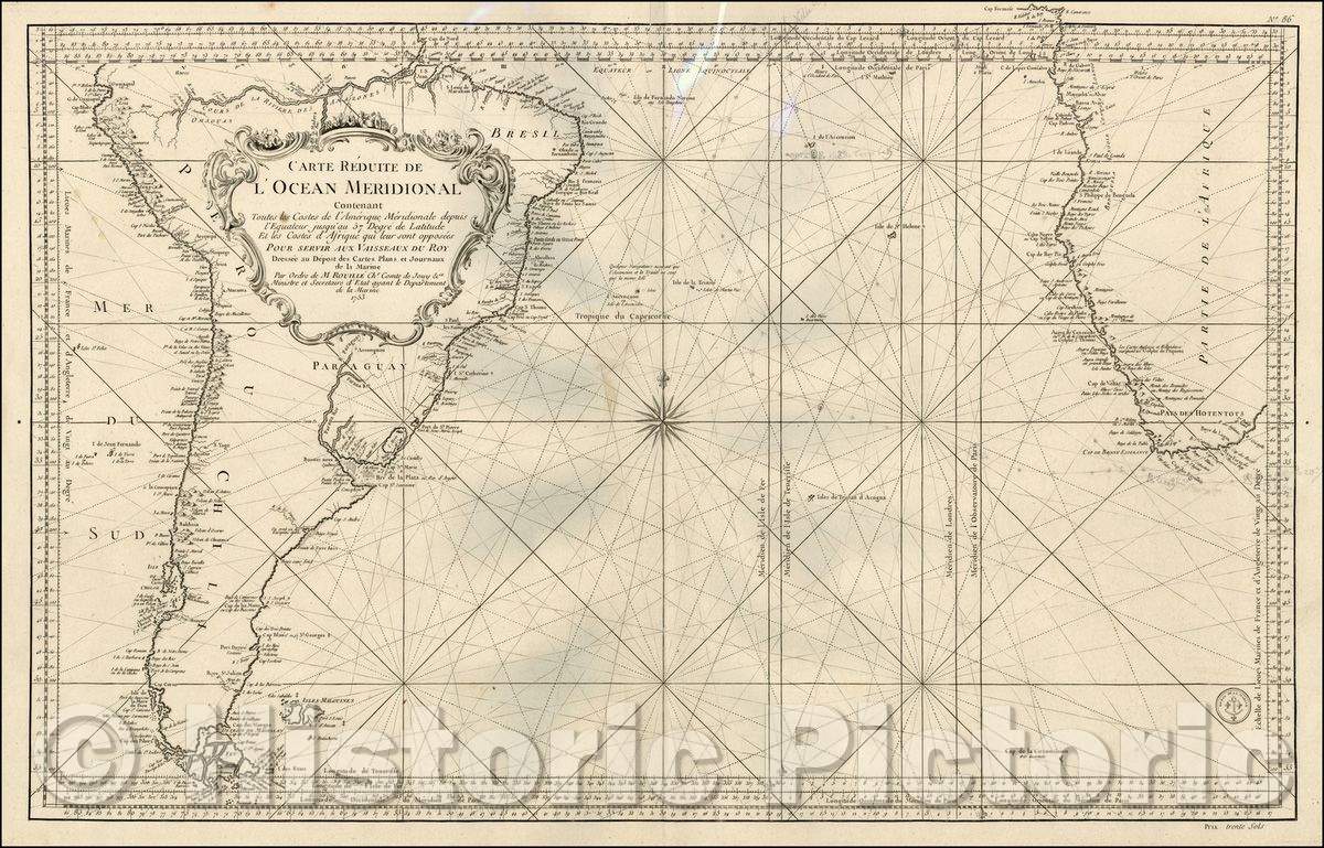 Historic Map - Carte Reduite De L'Ocean Meridional Contenant Toutes les Costes de l'Amerique Meridionale depus l'Equateur, 1753, Depot de la Marine - Vintage Wall Art