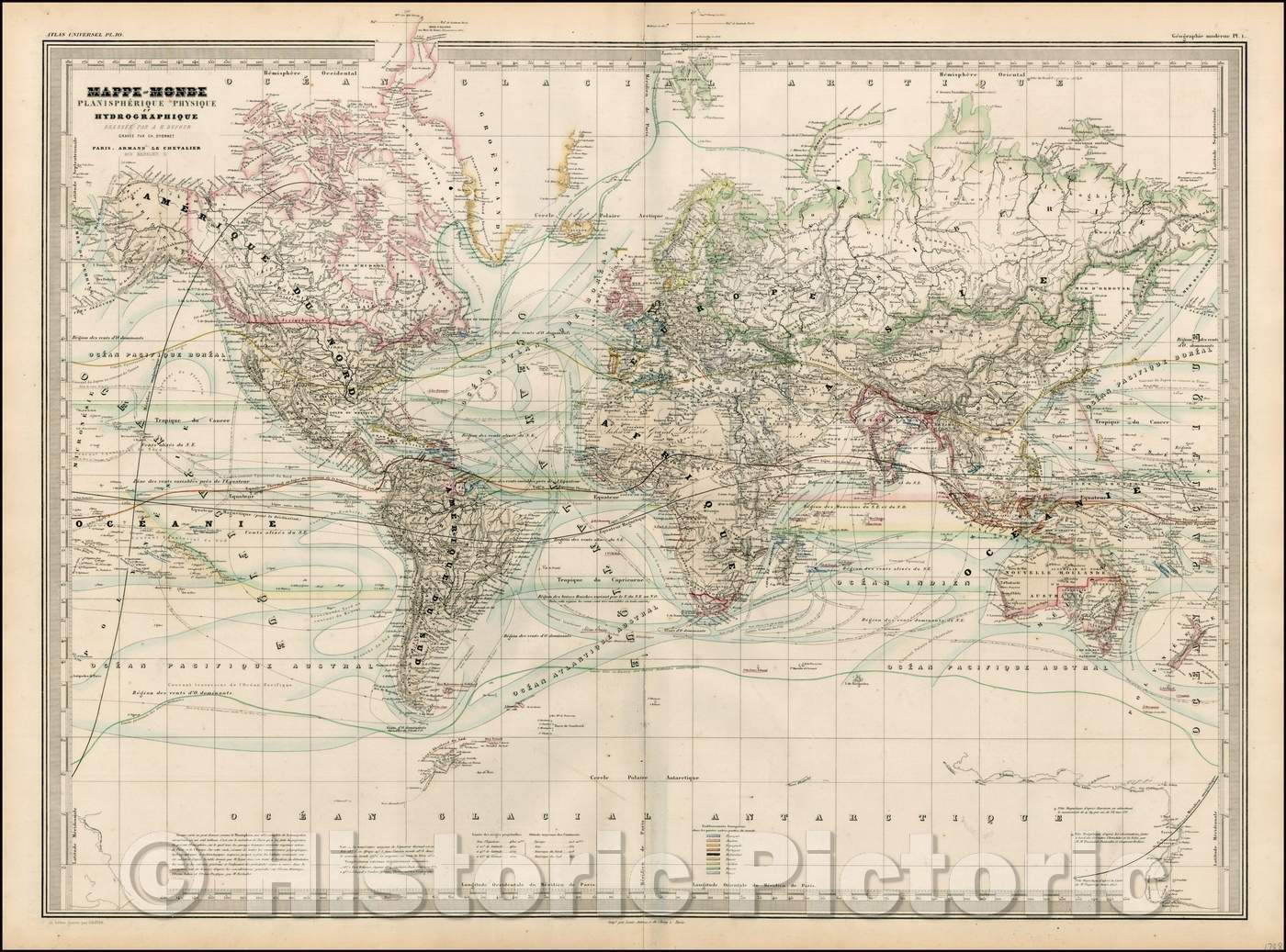 Historic Map - Mappe-Monde Planispherique Physique et Hydrographique/World  Map, handcolored by continent and country, 1858, Adolphe Hippolyte Dufour 