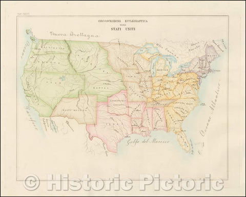 Historic Map - Circoscrizione Ecclesiastica Negli Stati Uniti/Provinces of the United States, St. Louis, including New Mexico, Tennessee, 1858, Girolomo Petri - Vintage Wall Art