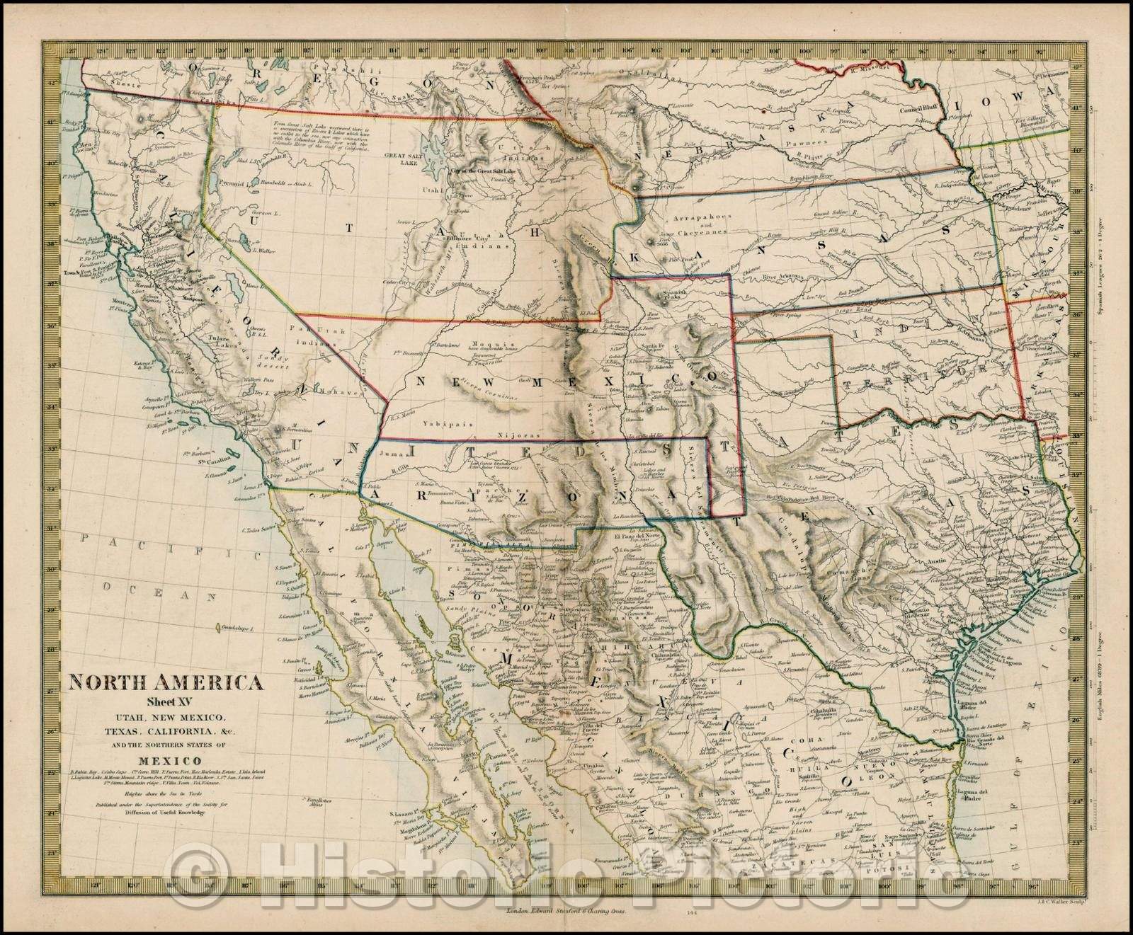 Historic Map - North America Sheet XV - Utah, New Mexico, Texas, California,and the Northern States of Mexico, 1859, SDUK - Vintage Wall Art