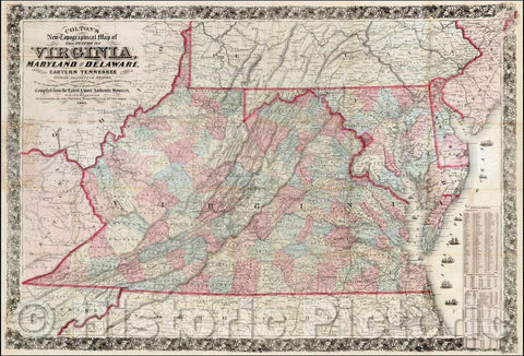 Historic Map - Colton's New Topographical Map of the States of Virginia, Maryland and Delaware Showing also East Tennessee, 1861, Joseph Hutchins Colton - Vintage Wall Art