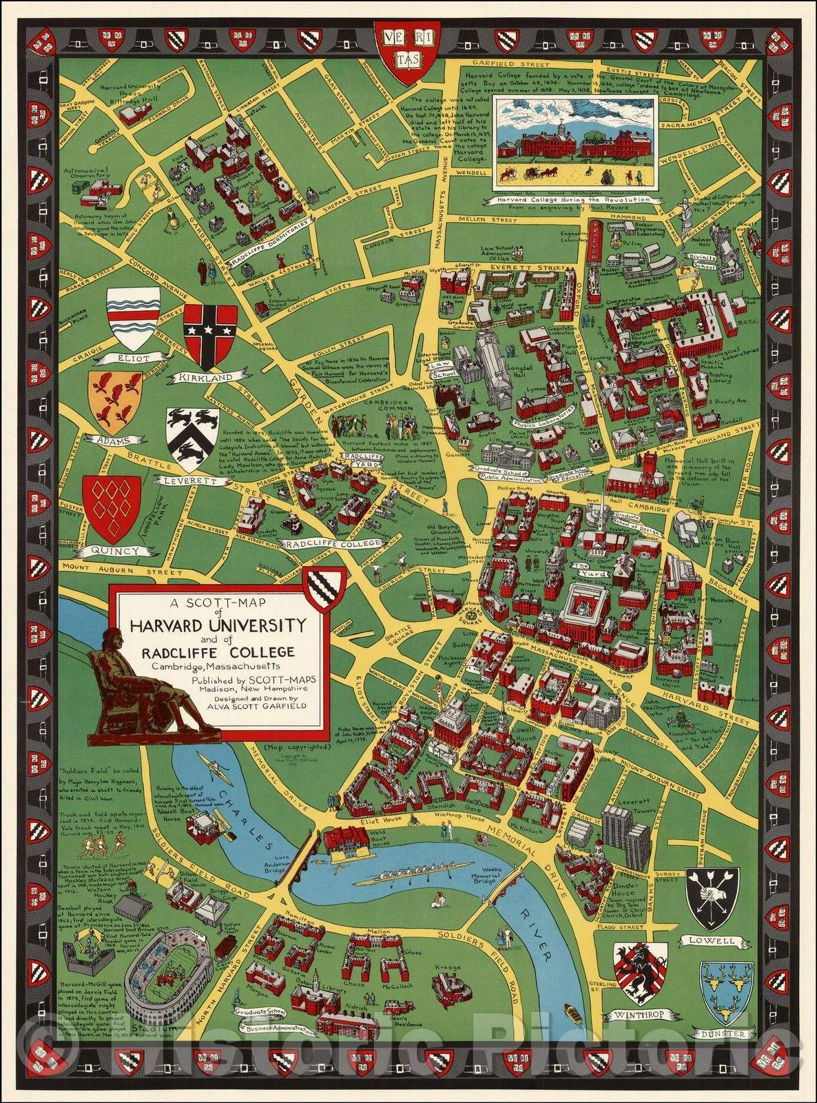 Historic Map - A Scott-Map of Harvard University and of Radcliffe College Cambridge, Massachusetts, 1959, Alva Scott Garfield - Vintage Wall Art