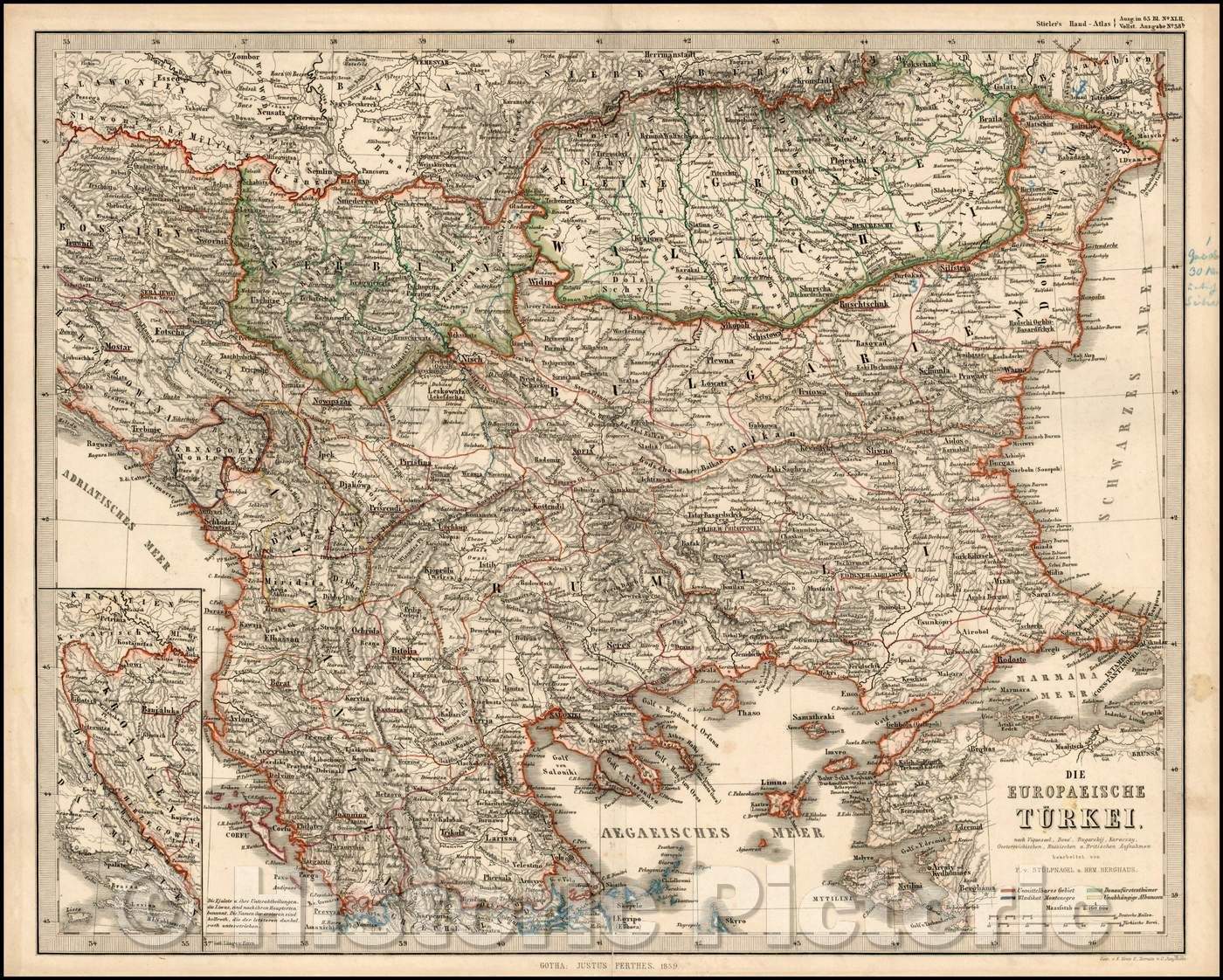 Historic Map - Die Europaeische Turkei/European parts of Turkey and the Balkans, including Bulgaria, Serbia, Romania, Albania, Bosnia, Herzogovenia, 1859 - Vintage Wall Art