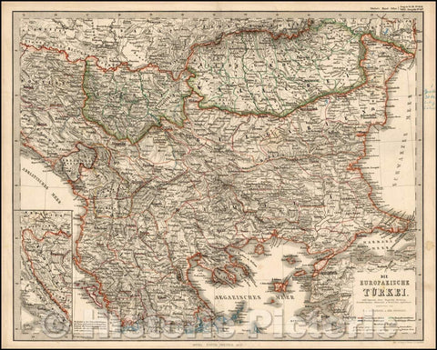 Historic Map - Die Europaeische Turkei/European parts of Turkey and the Balkans, including Bulgaria, Serbia, Romania, Albania, Bosnia, Herzogovenia, 1859 - Vintage Wall Art