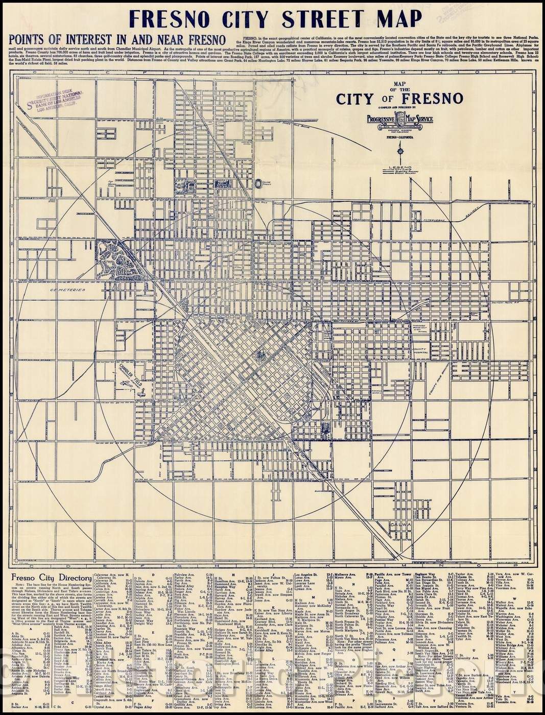 Historic Map - Fresno City Street Map, 1925, Progressive Map Service - Vintage Wall Art
