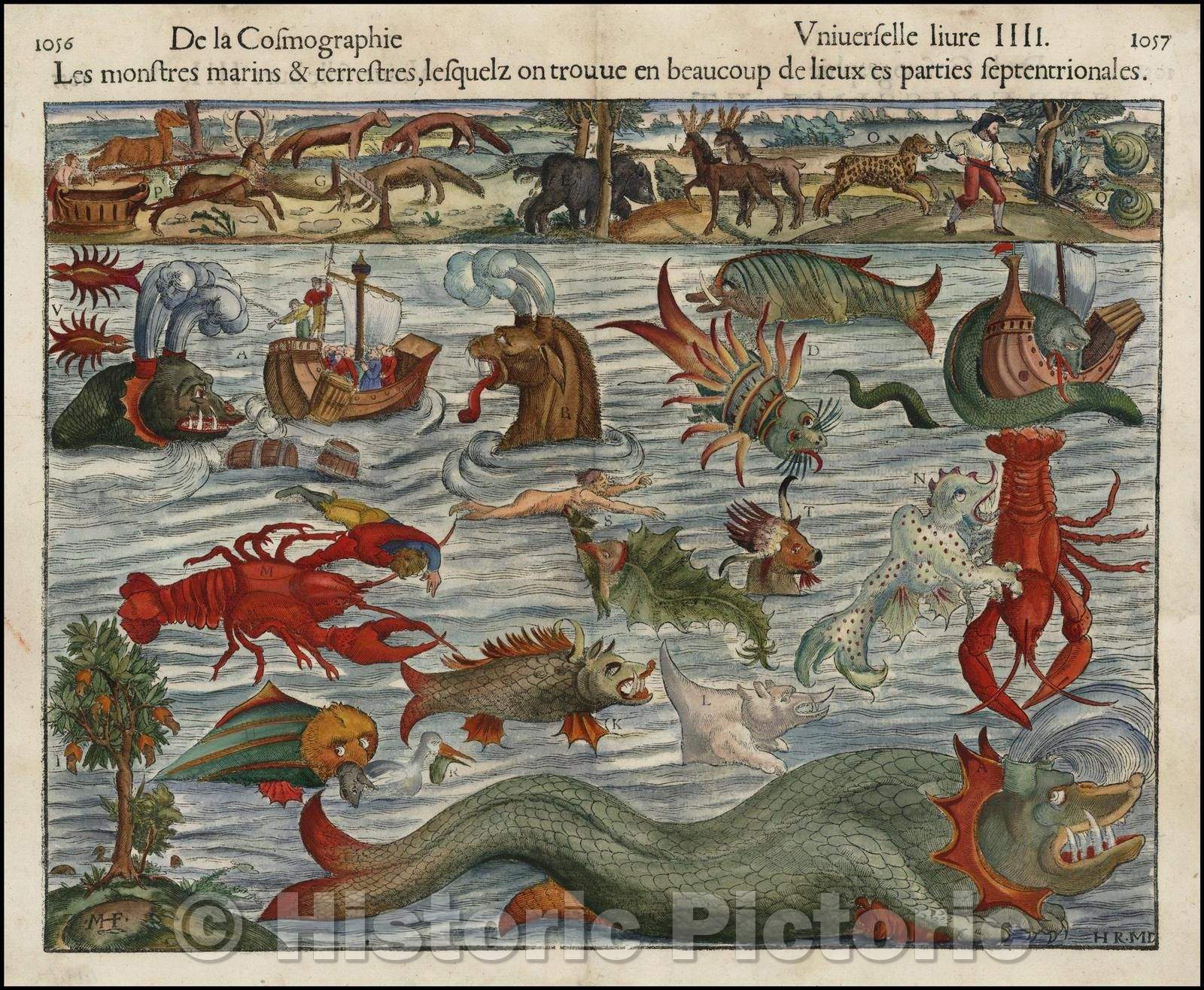 Historic Map - Les Monstres Marins, Et Terrestres Munster's Famous Chart of Sea Monsters, 1550, Sebastian M?nster v1