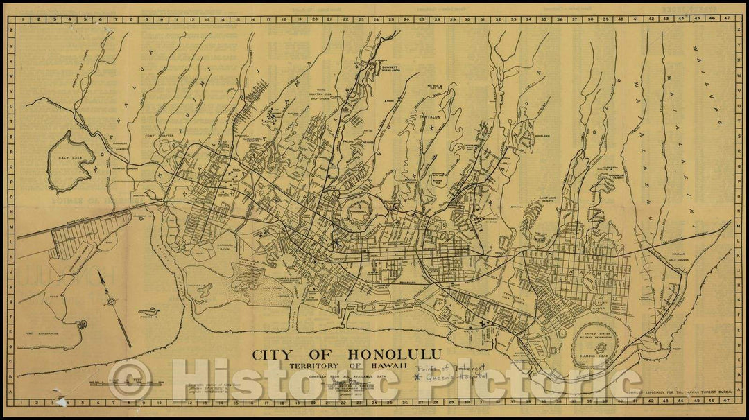 Historic Map - City of Honolulu. Territory of Hawaii, 1939, Hawaii Tourist Bureau - Vintage Wall Art