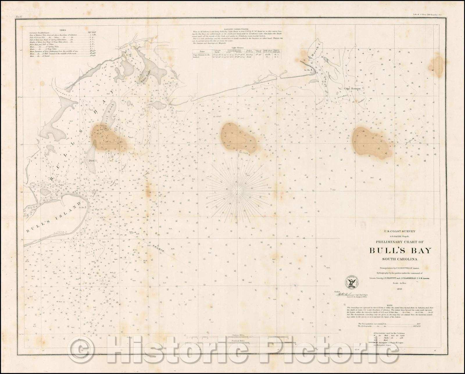 Historic Map - Preliminary Chart of Bull's Bay South Carolina, 1859, United States Coast Survey - Vintage Wall Art