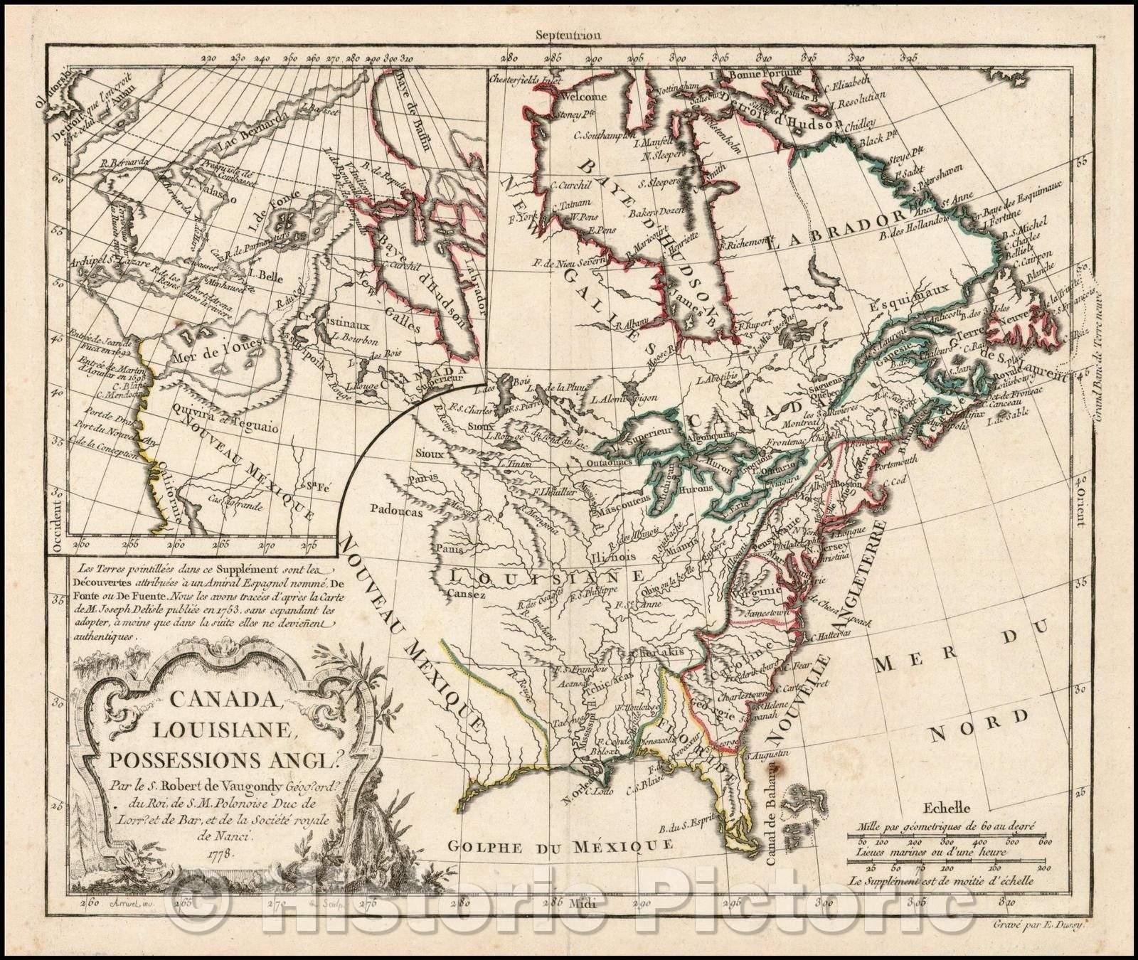 Historic Map - Canada, Louisiane, Possessions Angl? Pars Robert de Vaugondy, 1778, Charles Francois Delamarche - Vintage Wall Art