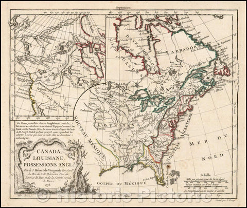 Historic Map - Canada, Louisiane, Possessions Angl? Pars Robert de Vaugondy, 1778, Charles Francois Delamarche - Vintage Wall Art