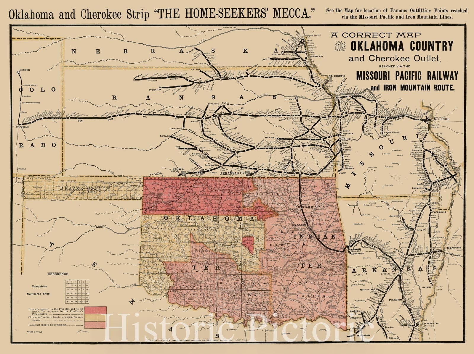 Historic Map - A Correct Map of the Oklahoma Country and Cherokee Outlet, Reached via the Missouri Pacific Railway and Iron Mountain Route, 1889 - Vintage Wall Art