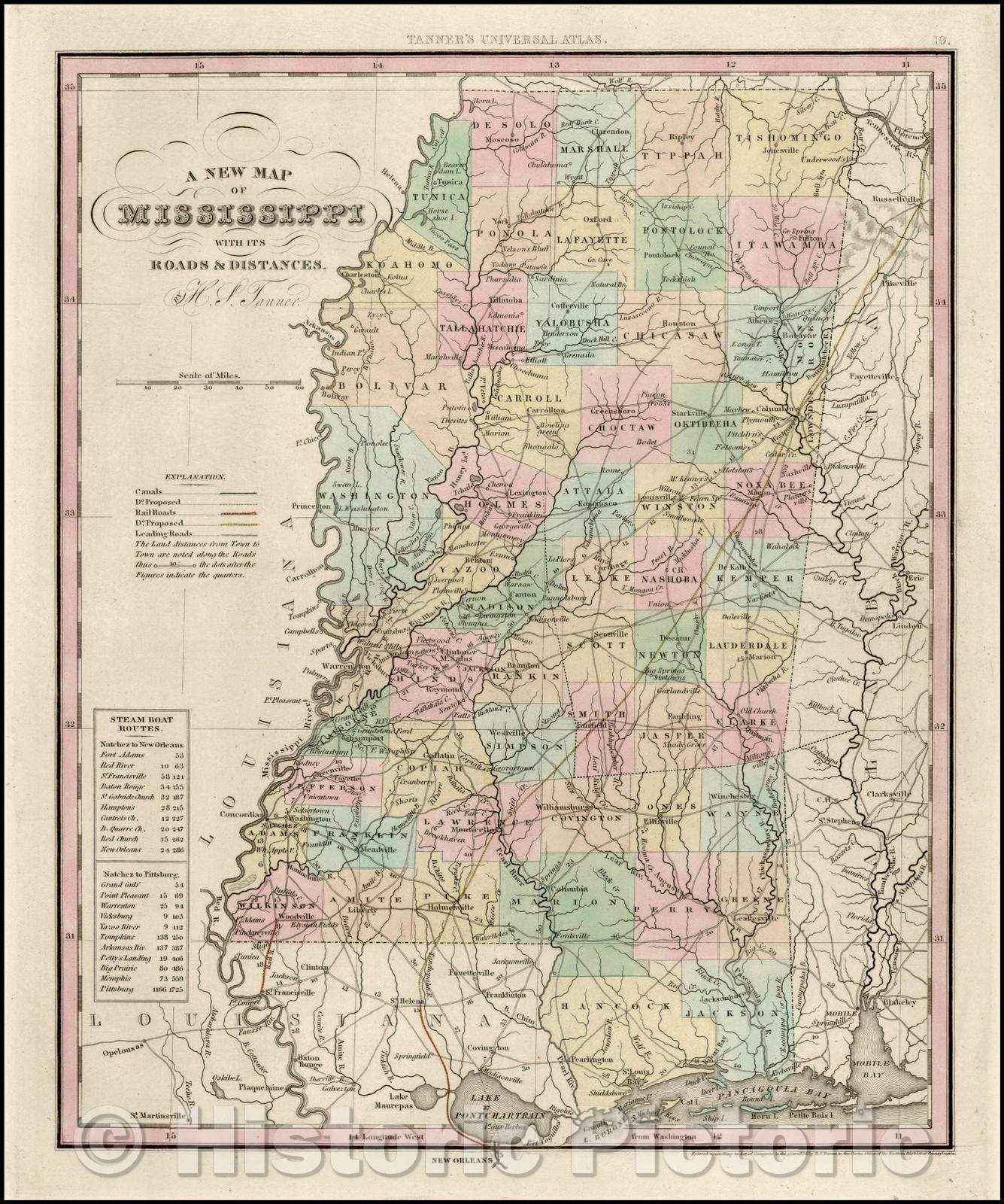Historic Map - Mississippi with its Roads & Distances, 1841, Henry Schenk Tanner - Vintage Wall Art