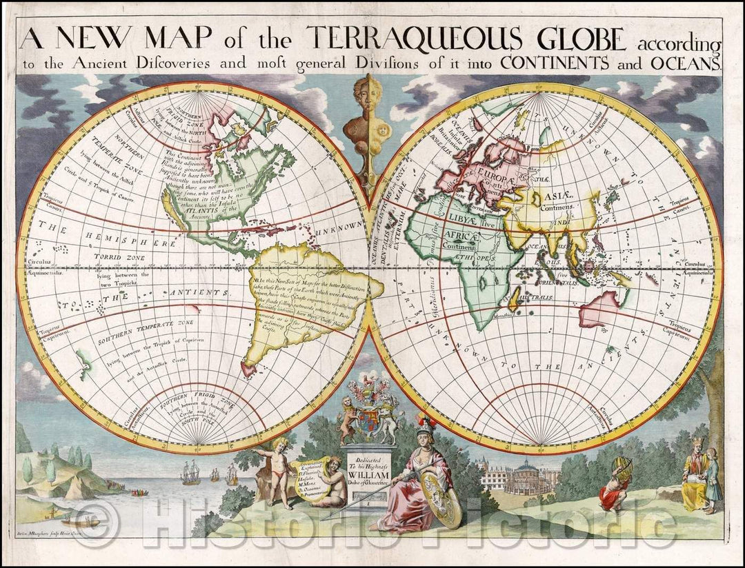 Historic Map - The Terraqueous Globe according to the Ancient Discoveries and most general Divisions of it into Contienents and Oceans, 1700, Edward Wells v1