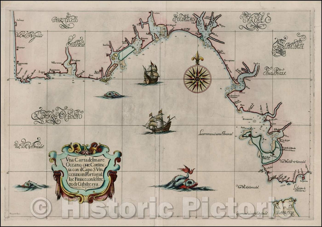 Historic Map - Una Carta del mare Oceano, che Comincia con il Capo S. Vincenzio/Sea Chart of Southern Portugal, Spain and the Straits of Gibralter, 1646 - Vintage Wall Art