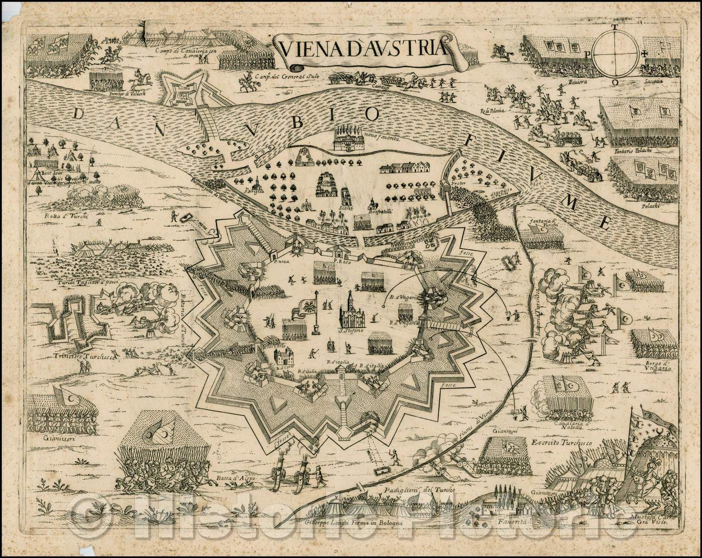 Historic Map - Viena d'Austria/One d'Austria, 1683, Giuseppe Longhi - Vintage Wall Art
