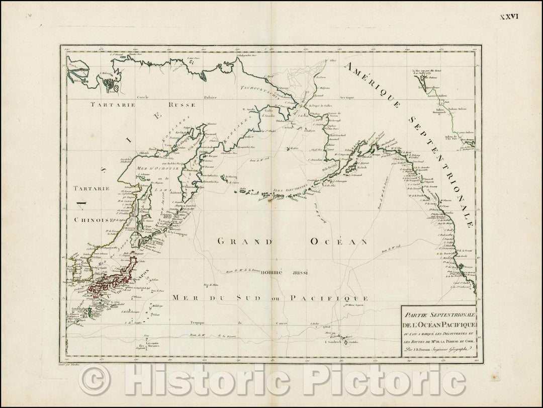 Historic Map - Partie Septentrionale De L'Ocean Pacifique ou L'on Marque Les Decouvertes Et Les Routes De Mrs. De La Perouse et Cook, 1820, Jean Baptiste Poirson - Vintage Wall Art