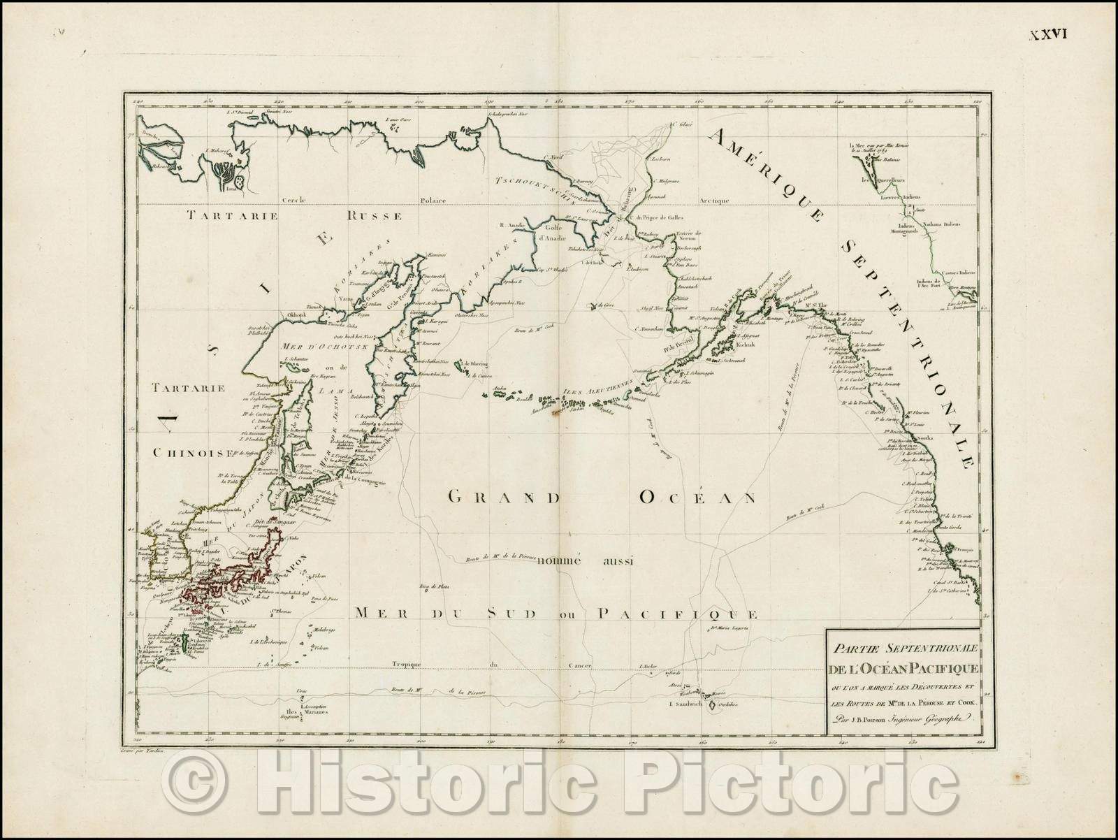Historic Map - Partie Septentrionale De L'Ocean Pacifique ou L'on Marque Les Decouvertes Et Les Routes De Mrs. De La Perouse et Cook, 1820, Jean Baptiste Poirson - Vintage Wall Art