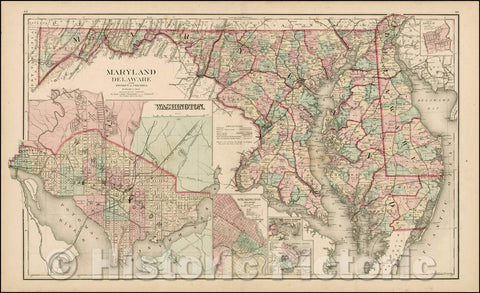 Historic Map - Maryland & Delaware and the District of Columbia [large Washington inset], 1876, Frank A. Gray - Vintage Wall Art